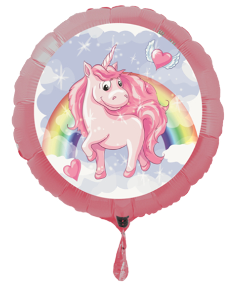 Einhorn-Regenbogen-Rund-Luftballon-aus-Folie-in Rosa