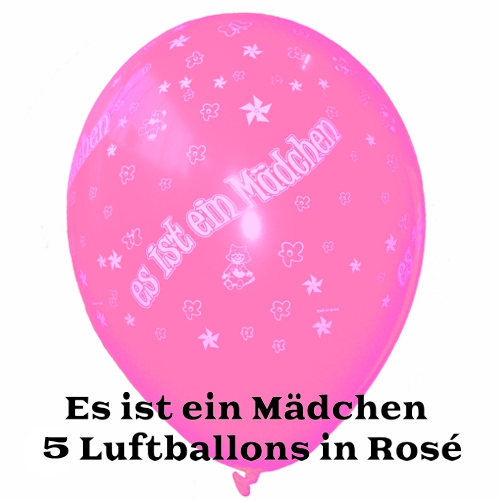 Es-ist-ein-Maedchen-5-Luftballons-in-Rose-zu-Geburt-Taufe-Babyparty