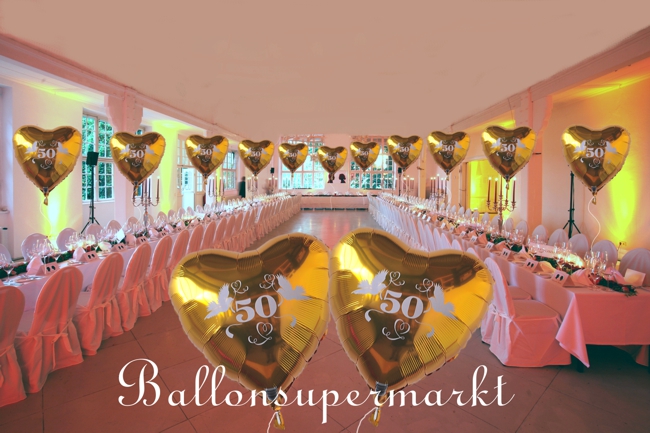 Dekoration Goldene Hochzeit, Saaldekoration, Festsaaldekoration, Herzballons 50 Gold mit Helium schwebend