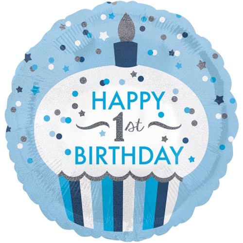 Folienballon-1st-Birthday-Boy-Cupcake-holografisch-rund-Luftballon-zum-1.-Geburtstag-Dekoration-Geschenk