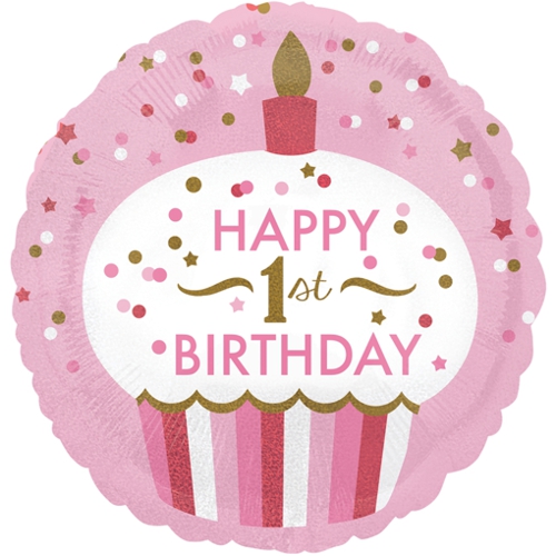Folienballon-1st-Birthday-Girl-Cupcake-holografisch-rund-Luftballon-zum-1.-Geburtstag-Dekoration-Geschenk