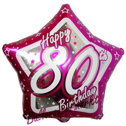 Folienballon-80.-Geburtstag-Pink-Star-Happy-80th-Birthday-Luftballon-Geschenk-Dekoration