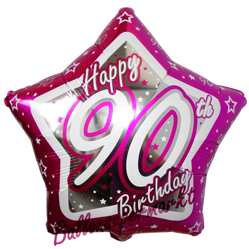 Folienballon-90.-Geburtstag-Pink-Star-Happy-90th-Birthday-Luftballon-Geschenk-Dekoration