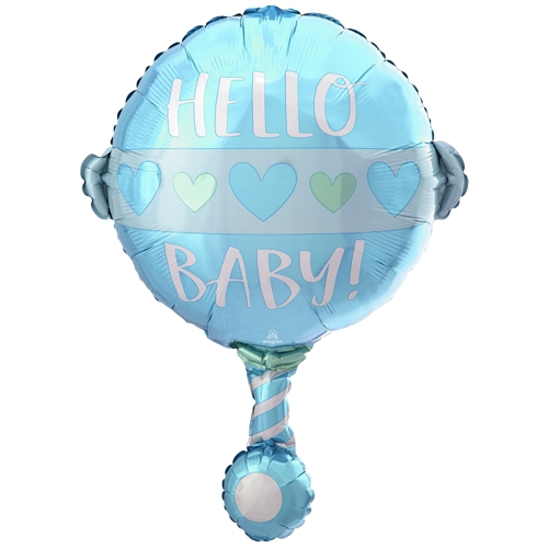 Folienballon-Babyrassel-Blau-Hello-Baby-Shape-Luftballon-Dekoration-zur-Geburt-Taufe-Babyparty-Junge