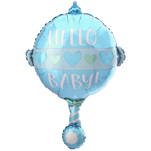 Folienballon-Babyrassel-Blau-Hello-Baby-Shape-Luftballon-Dekoration-zur-Geburt-Taufe-Babyparty
