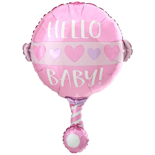 Folienballon-Babyrassel-Rosa-Hello-Baby-Shape-Luftballon-Dekoration-zur-Geburt-Taufe-Babyparty-Maedchen