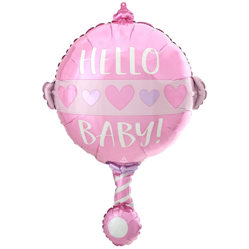 Folienballon-Babyrassel-Rosa-Hello-Baby-Shape-Luftballon-Dekoration-zur-Geburt-Taufe-Babyparty