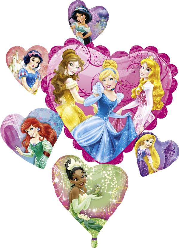 Folienballon-Disney-Princess-Cluster-Cinderella-Arielle-Belle-Jasmin-Froschkoenigin-Rapunzel-Dornroeschen-Schneewittchen