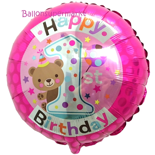 Folienballon-Happy-1st-Birthday-rund-Pink-Teddy-Luftballon-zum-1.-Geburtstag