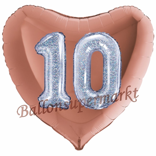 Folienballon-Herz-Jumbo-3D-10.-Geburtstag-Rosegold-Silber-holorafisch-Zahl-10-Luftballon-Geschenk