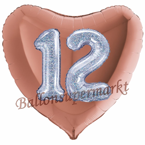 Folienballon-Herz-Jumbo-3D-12.-Geburtstag-Rosegold-Silber-holorafisch-Zahl-12-Luftballon-Geschenk