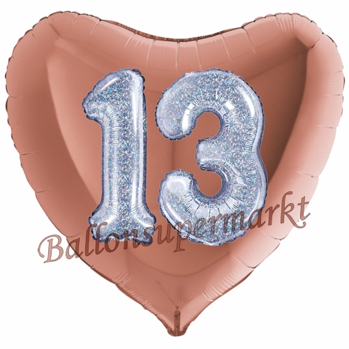 Folienballon-Herz-Jumbo-3D-13.-Geburtstag-Rosegold-Silber-holorafisch-Zahl-13-Luftballon-Geschenk
