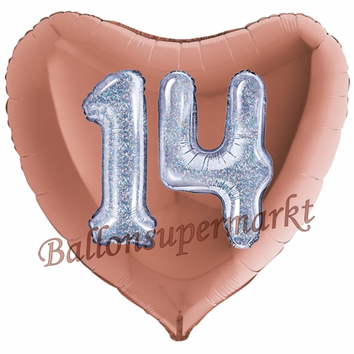 Folienballon-Herz-Jumbo-3D-14.-Geburtstag-Rosegold-Silber-holorafisch-Zahl-14-Luftballon-Geschenk
