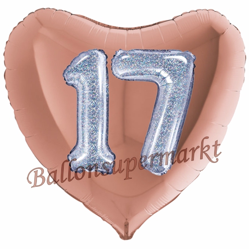 Folienballon-Herz-Jumbo-3D-17.-Geburtstag-Rosegold-Silber-holorafisch-Zahl-17-Luftballon-Geschenk