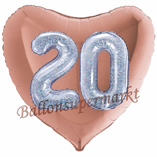 Folienballon-Herz-Jumbo-3D-20.-Geburtstag-Rosegold-Silber-holorafisch-Zahl-20-Luftballon-Geschenk
