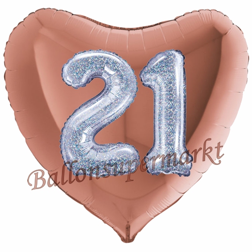 Folienballon-Herz-Jumbo-3D-21.-Geburtstag-Rosegold-Silber-holorafisch-Zahl-21-Luftballon-Geschenk