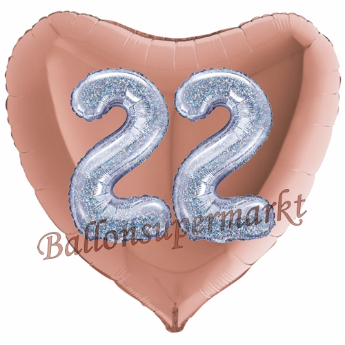 Folienballon-Herz-Jumbo-3D-22.-Geburtstag-Rosegold-Silber-holorafisch-Zahl-22-Luftballon-Geschenk