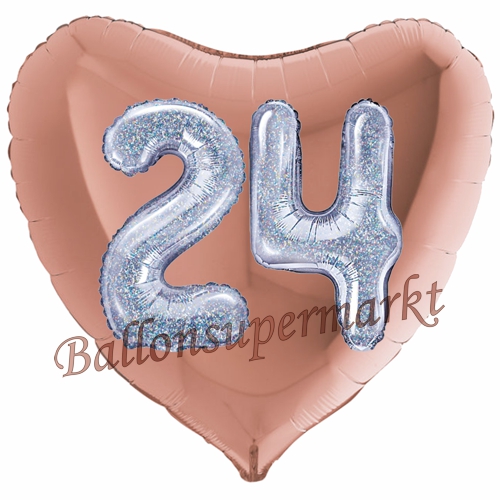 Folienballon-Herz-Jumbo-3D-24.-Geburtstag-Rosegold-Silber-holorafisch-Zahl-24-Luftballon-Geschenk