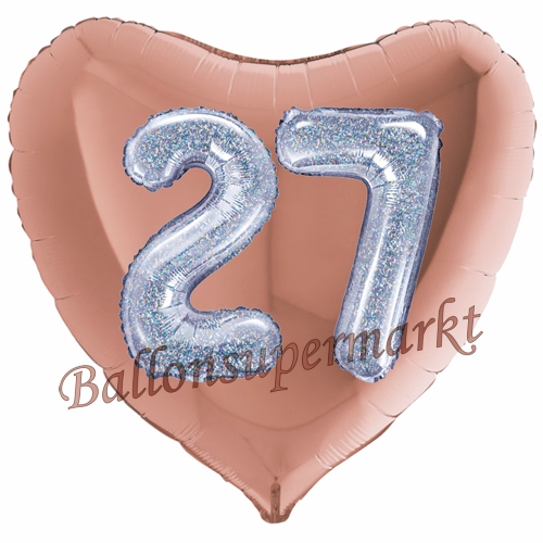 Folienballon-Herz-Jumbo-3D-27.-Geburtstag-Rosegold-Silber-holorafisch-Zahl-27-Luftballon-Geschenk