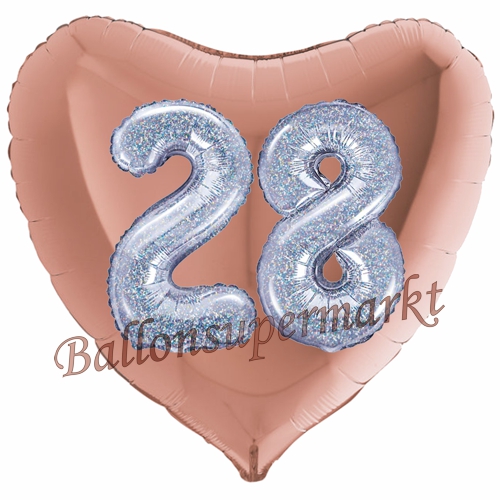 Folienballon-Herz-Jumbo-3D-28.-Geburtstag-Rosegold-Silber-holorafisch-Zahl-28-Luftballon-Geschenk