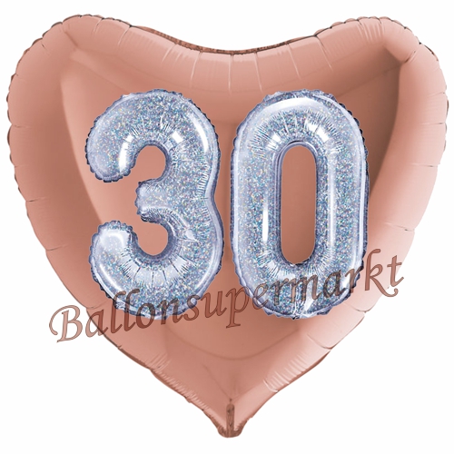 Folienballon-Herz-Jumbo-3D-30.-Geburtstag-Rosegold-Silber-holorafisch-Zahl-30-Luftballon-Geschenk