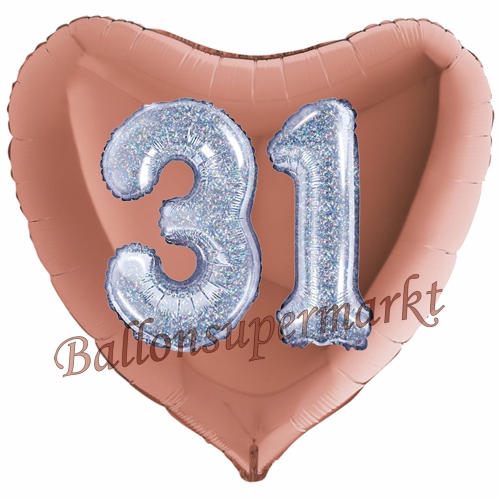 Folienballon-Herz-Jumbo-3D-31.-Geburtstag-Rosegold-Silber-holorafisch-Zahl-31-Luftballon-Geschenk