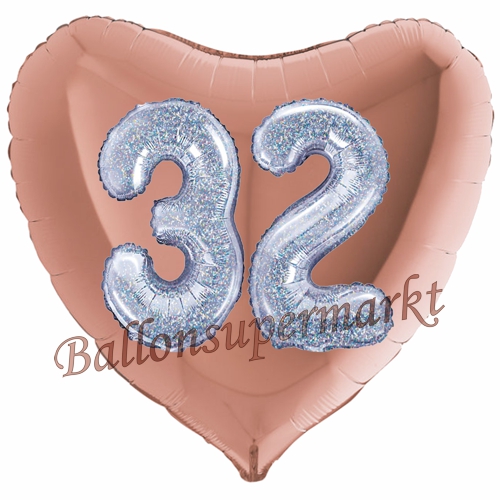Folienballon-Herz-Jumbo-3D-32.-Geburtstag-Rosegold-Silber-holorafisch-Zahl-32-Luftballon-Geschenk