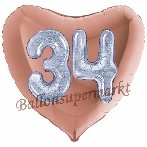 Folienballon-Herz-Jumbo-3D-34.-Geburtstag-Rosegold-Silber-holorafisch-Zahl-34-Luftballon-Geschenk