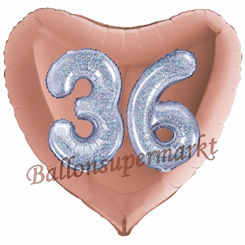 Folienballon-Herz-Jumbo-3D-36.-Geburtstag-Rosegold-Silber-holorafisch-Zahl-36-Luftballon-Geschenk