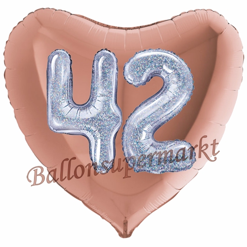 Folienballon-Herz-Jumbo-3D-42.-Geburtstag-Rosegold-Silber-holorafisch-Zahl-42-Luftballon-Geschenk