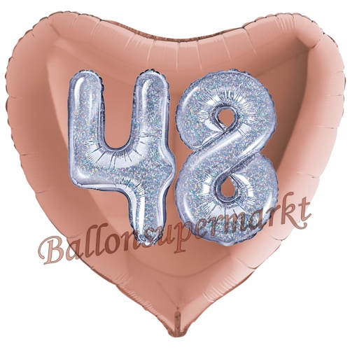 Folienballon-Herz-Jumbo-3D-48.-Geburtstag-Rosegold-Silber-holorafisch-Zahl-48-Luftballon-Geschenk