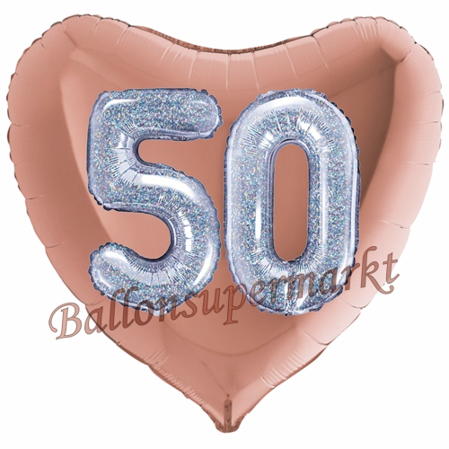 Folienballon-Herz-Jumbo-3D-50.-Geburtstag-Rosegold-Silber-holorafisch-Zahl-50-Luftballon-Geschenk