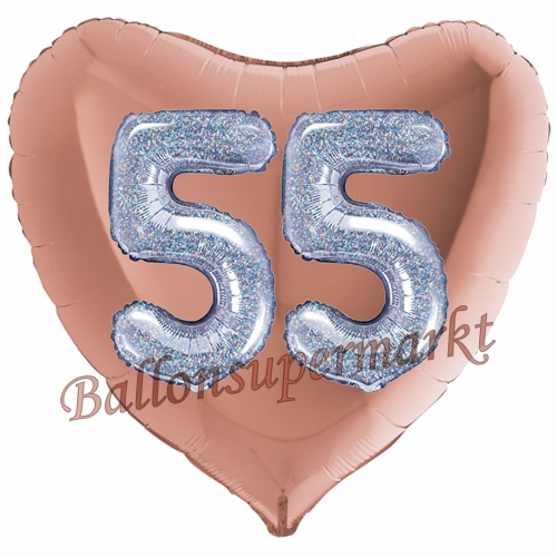 Folienballon-Herz-Jumbo-3D-55.-Geburtstag-Rosegold-Silber-holorafisch-Zahl-55-Luftballon-Geschenk