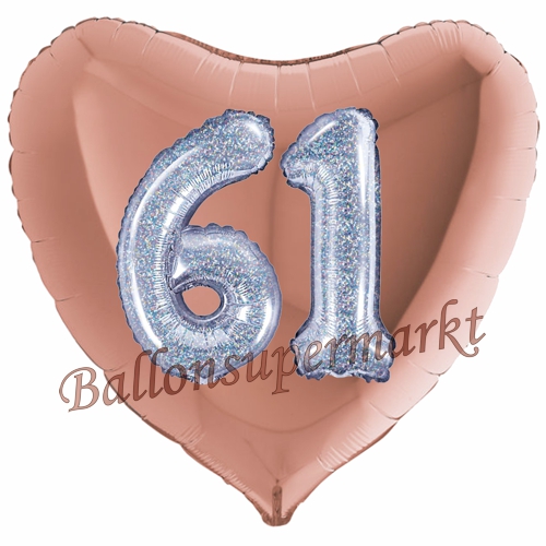 Folienballon-Herz-Jumbo-3D-61.-Geburtstag-Rosegold-Silber-holorafisch-Zahl-61-Luftballon-Geschenk