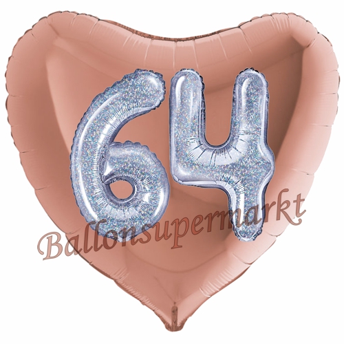 Folienballon-Herz-Jumbo-3D-64.-Geburtstag-Rosegold-Silber-holorafisch-Zahl-64-Luftballon-Geschenk