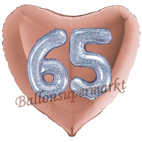 Folienballon-Herz-Jumbo-3D-65.-Geburtstag-Rosegold-Silber-holorafisch-Zahl-65-Luftballon-Geschenk