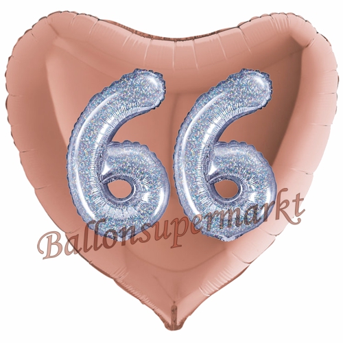 Folienballon-Herz-Jumbo-3D-66.-Geburtstag-Rosegold-Silber-holorafisch-Zahl-66-Luftballon-Geschenk