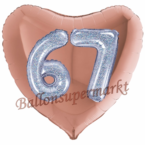 Folienballon-Herz-Jumbo-3D-67.-Geburtstag-Rosegold-Silber-holorafisch-Zahl-67-Luftballon-Geschenk
