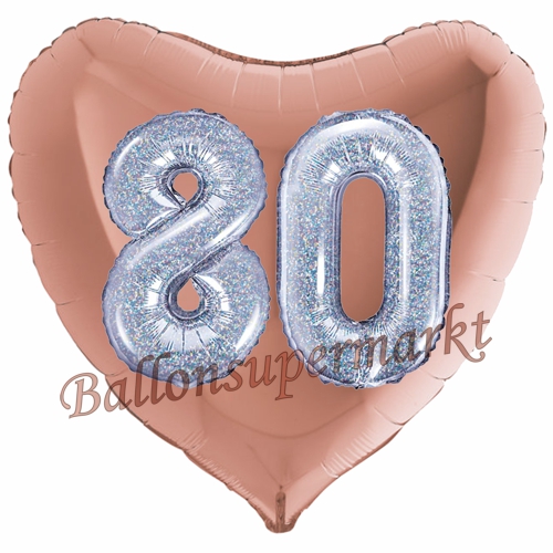 Folienballon-Herz-Jumbo-3D-80.-Geburtstag-Rosegold-Silber-holorafisch-Zahl-80-Luftballon-Geschenk