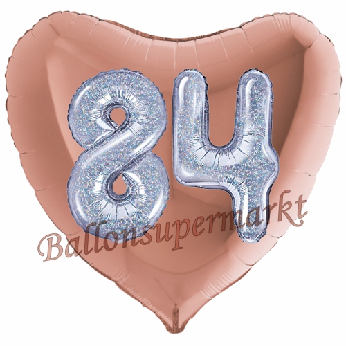 Folienballon-Herz-Jumbo-3D-84.-Geburtstag-Rosegold-Silber-holorafisch-Zahl-84-Luftballon-Geschenk