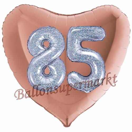 Folienballon-Herz-Jumbo-3D-85.-Geburtstag-Rosegold-Silber-holorafisch-Zahl-85-Luftballon-Geschenk