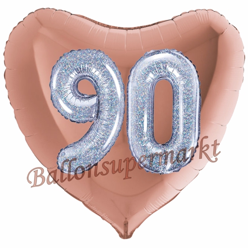 Folienballon-Herz-Jumbo-3D-90.-Geburtstag-Rosegold-Silber-holorafisch-Zahl-90-Luftballon-Geschenk