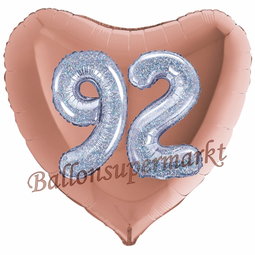 Folienballon-Herz-Jumbo-3D-92.-Geburtstag-Rosegold-Silber-holorafisch-Zahl-92-Luftballon-Geschenk