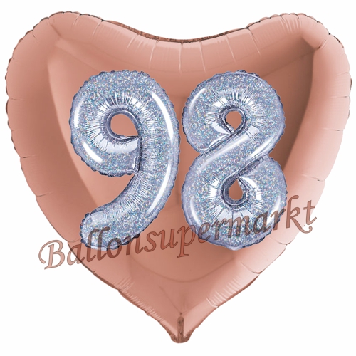 Folienballon-Herz-Jumbo-3D-98.-Geburtstag-Rosegold-Silber-holorafisch-Zahl-98-Luftballon-Geschenk