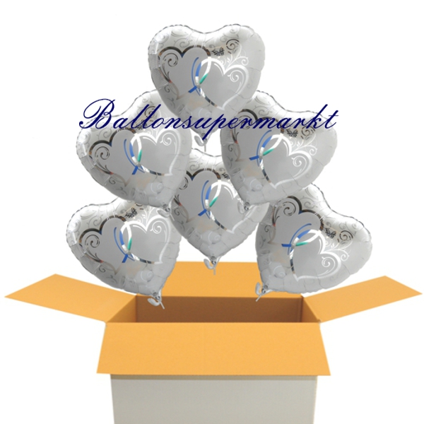 Folienballon-Herzen-verschlungen-silber-Luftballon-zur-Hochzeit-Hochzeitsdeko-Silberhochzeit-Ballon-Karton-6er-Heliumversand-gefuellt