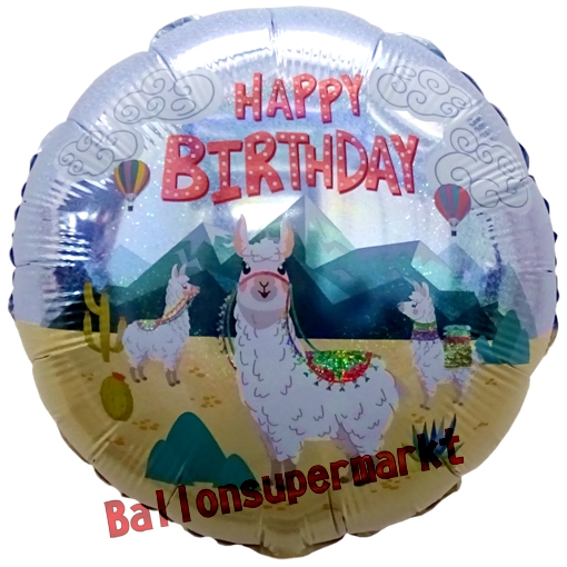 Folienballon-Lama-Happy-Birthday-holografisch-rund-Luftballon-Geschenk-Geburtstag-Partydekoration