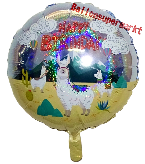 Folienballon-Lama-Happy-Birthday-holografisch-rund-Luftballon-Geschenk-zum-Geburtstag-Partydekoration