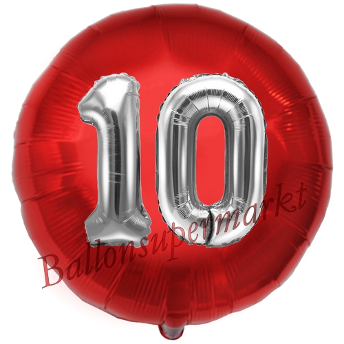 Folienballon-Rund-Jumbo-3D-10.-Geburtstag-Rot-Silber-Zahl-10-Luftballon-Geschenk