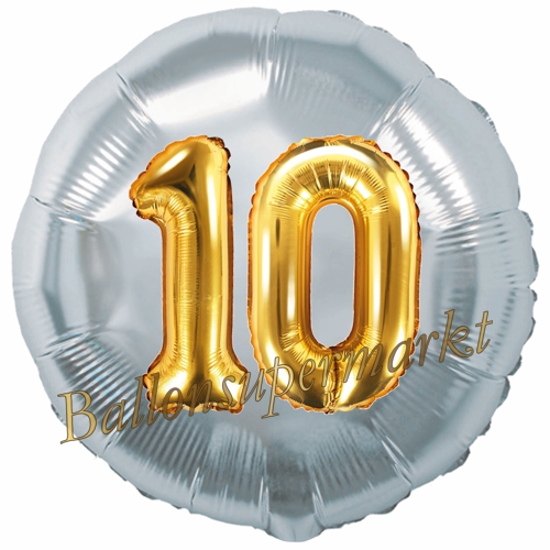 Folienballon-Rund-Jumbo-3D-10.-Geburtstag-Silber-Gold-Zahl-10-Luftballon-Geschenk