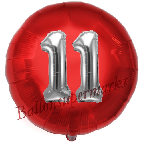 Folienballon-Rund-Jumbo-3D-11.-Geburtstag-Rot-Silber-Zahl-11-Luftballon-Geschenk